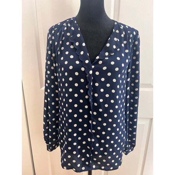 JCrew Scalloped Polka Dot Blouse Small Long Sleeve Blue and White‎ - Picture 2 of 7